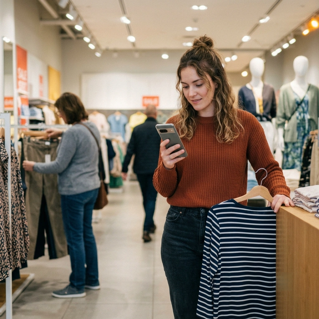 a woman checking a phoneapp while shopping clothes